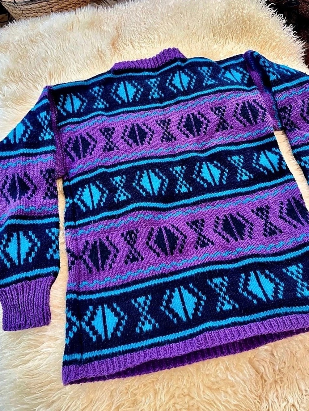 Handmade Geometric Crewneck Sweater in Purple & Blue Like New
